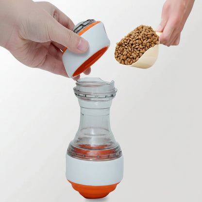 Pet food dispenser with a scoop of dog food on a white background