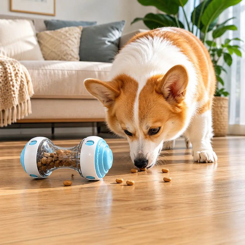 Dog interacting with a treat-dispensing toy on a wooden floor in a living room.